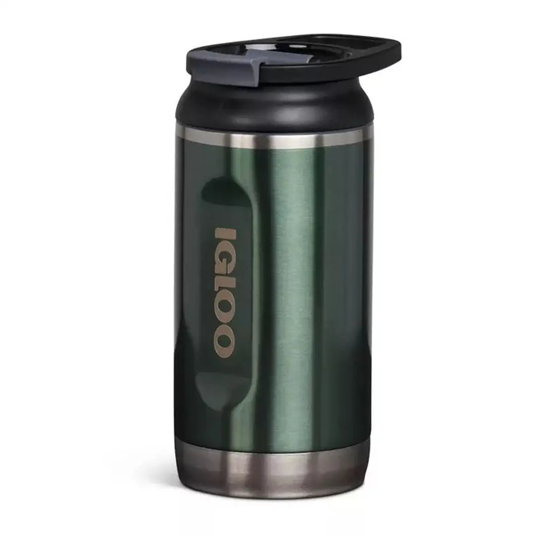 Green metallic Igloo Tumbler 12oz with black lid, perfect for country clothing and outdoors