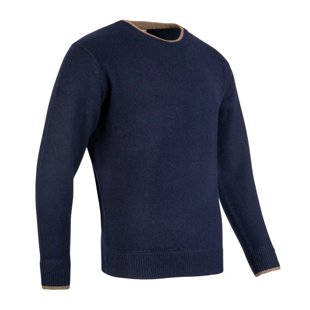 Navy blue Jack Pyke Ashcombe sweater with tan trim at neck and cuffs for cozy style