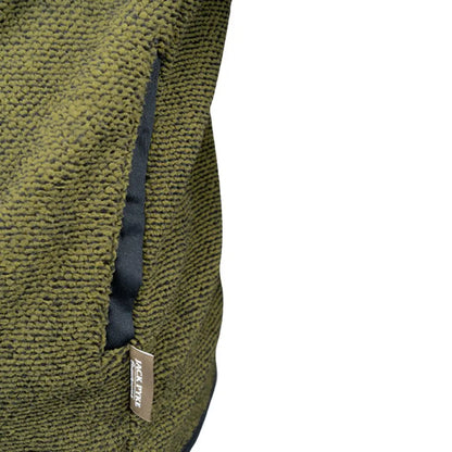 Olive green textured fabric of Jack Pyke Ashdown Fleece Top with zipper and metal tag