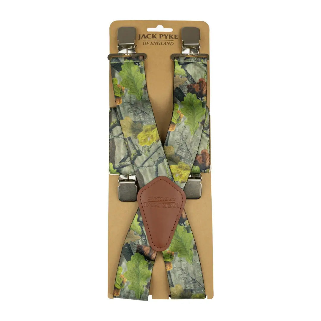 Camouflage-patterned Jack Pyke Braces with leather details and metal clips