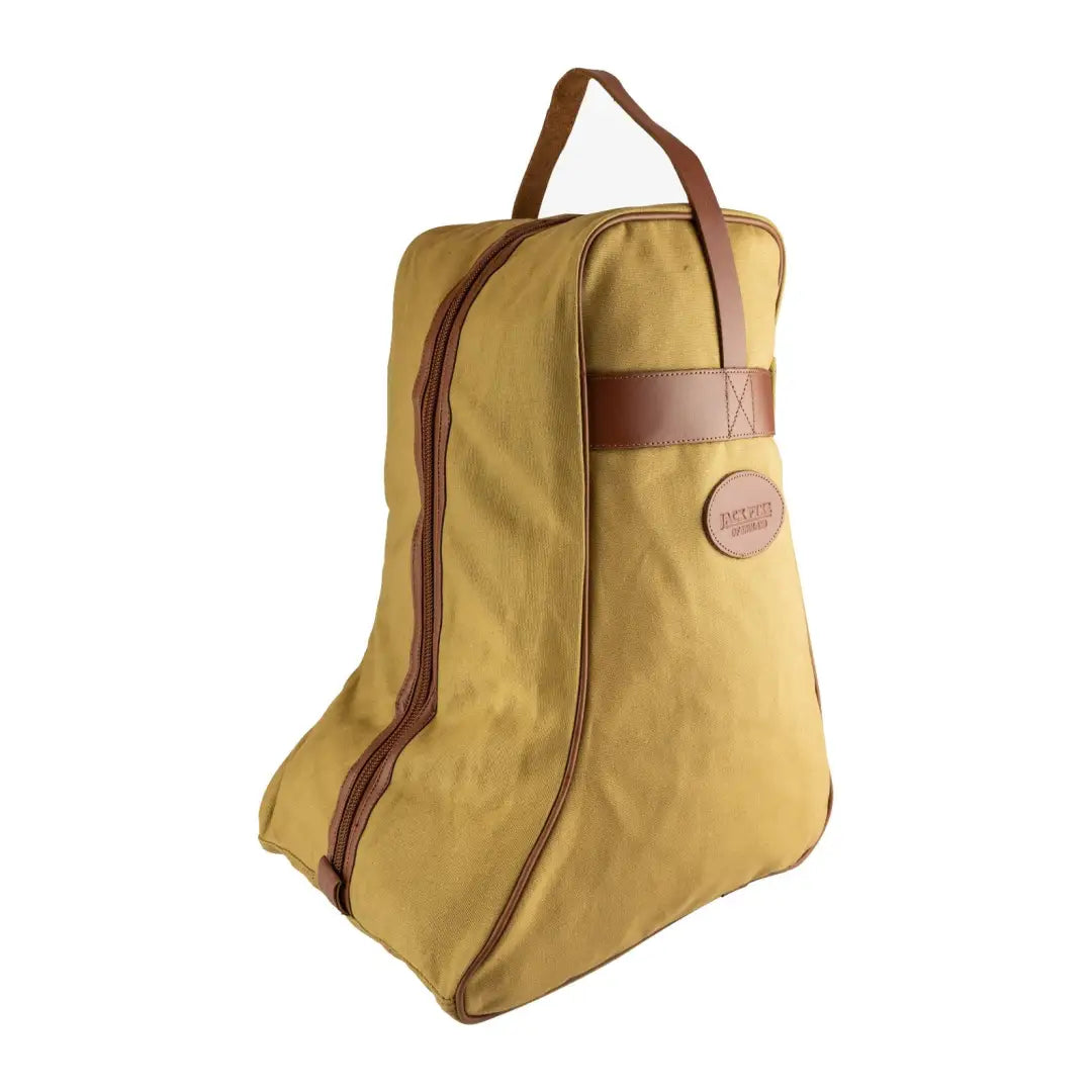 Mustard yellow Jack Pyke Canvas Boot Bag with brown leather trim and handle