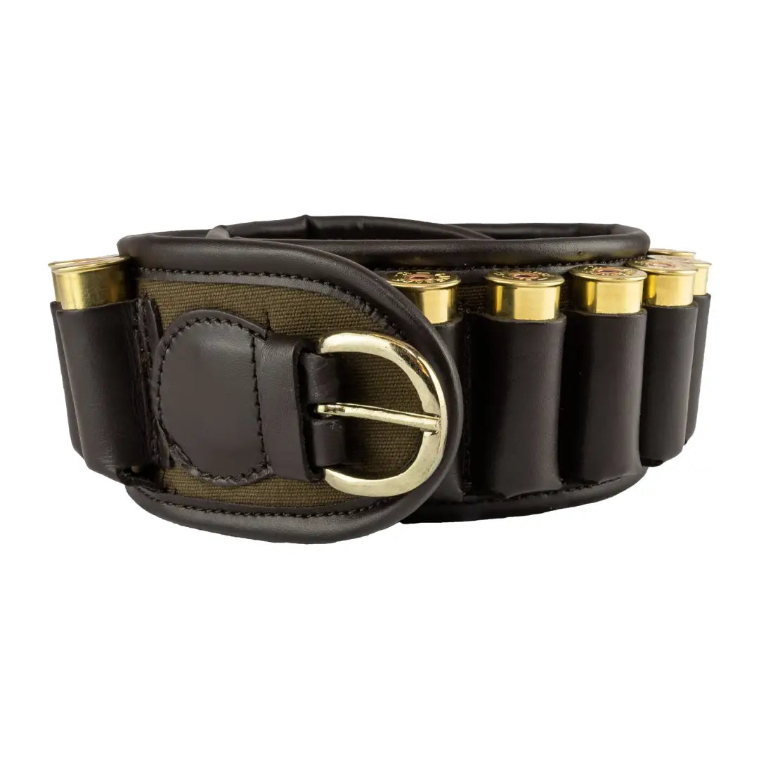 Leather ammunition belt featuring brass shotgun shells, perfect for the Jack Pyke Canvas Cartridge Belt