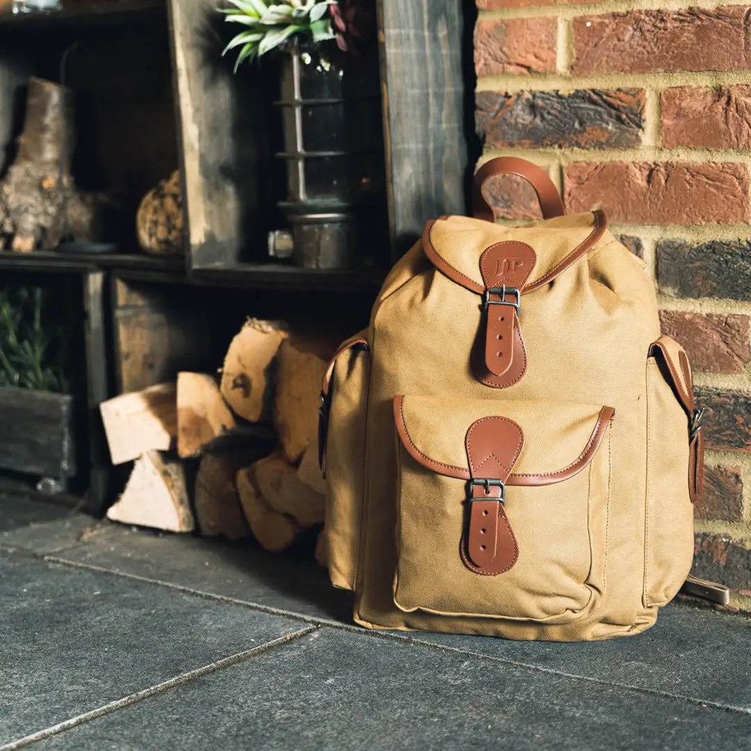 Tan Jack Pyke Canvas Day Pack with brown leather straps and buckles