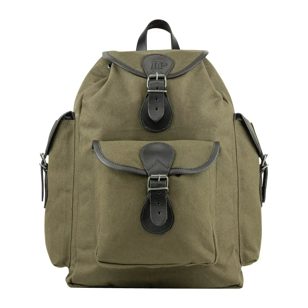 Olive green Jack Pyke Canvas Day Pack with leather straps and multiple pockets