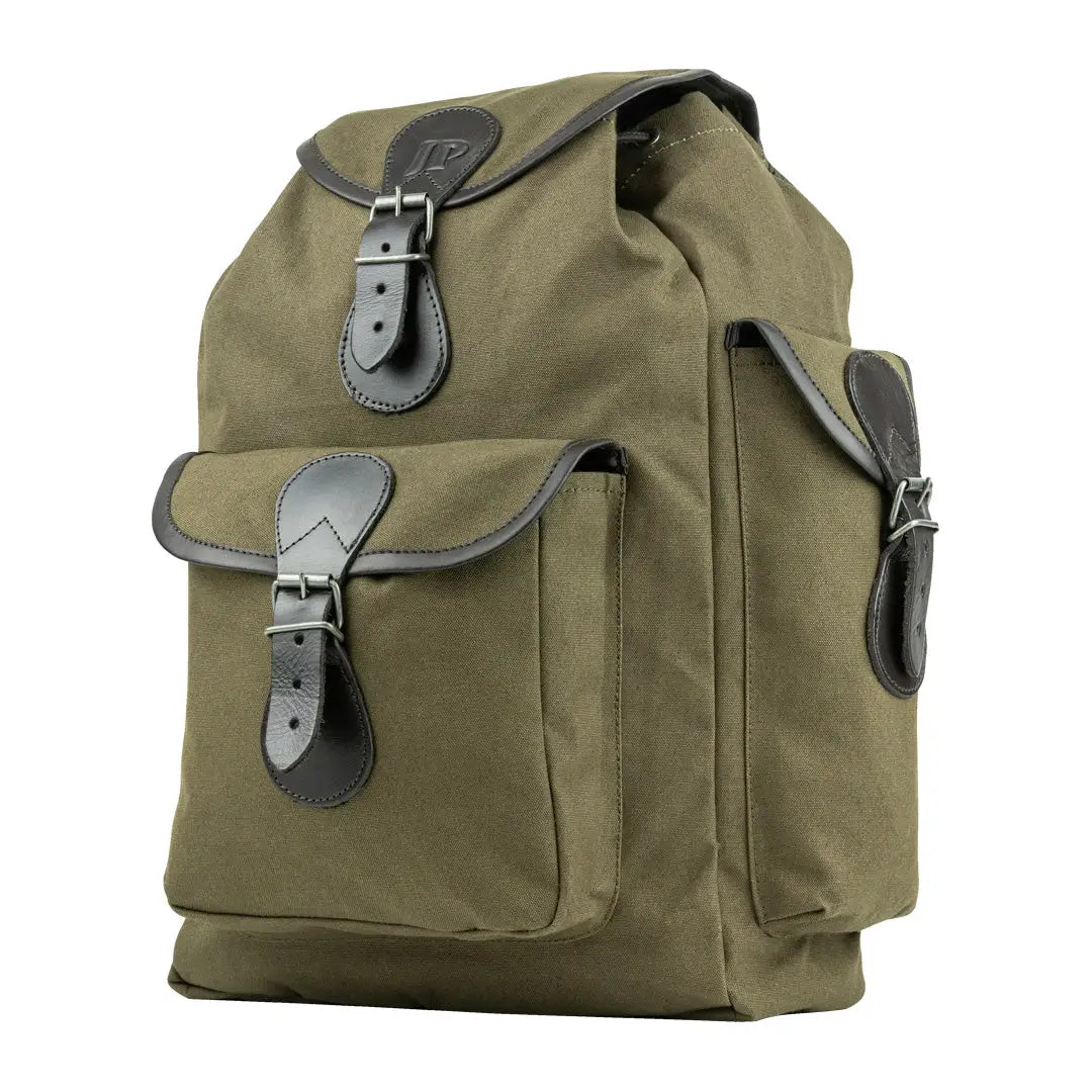 Olive green Jack Pyke Canvas Day Pack with leather straps and multiple pockets