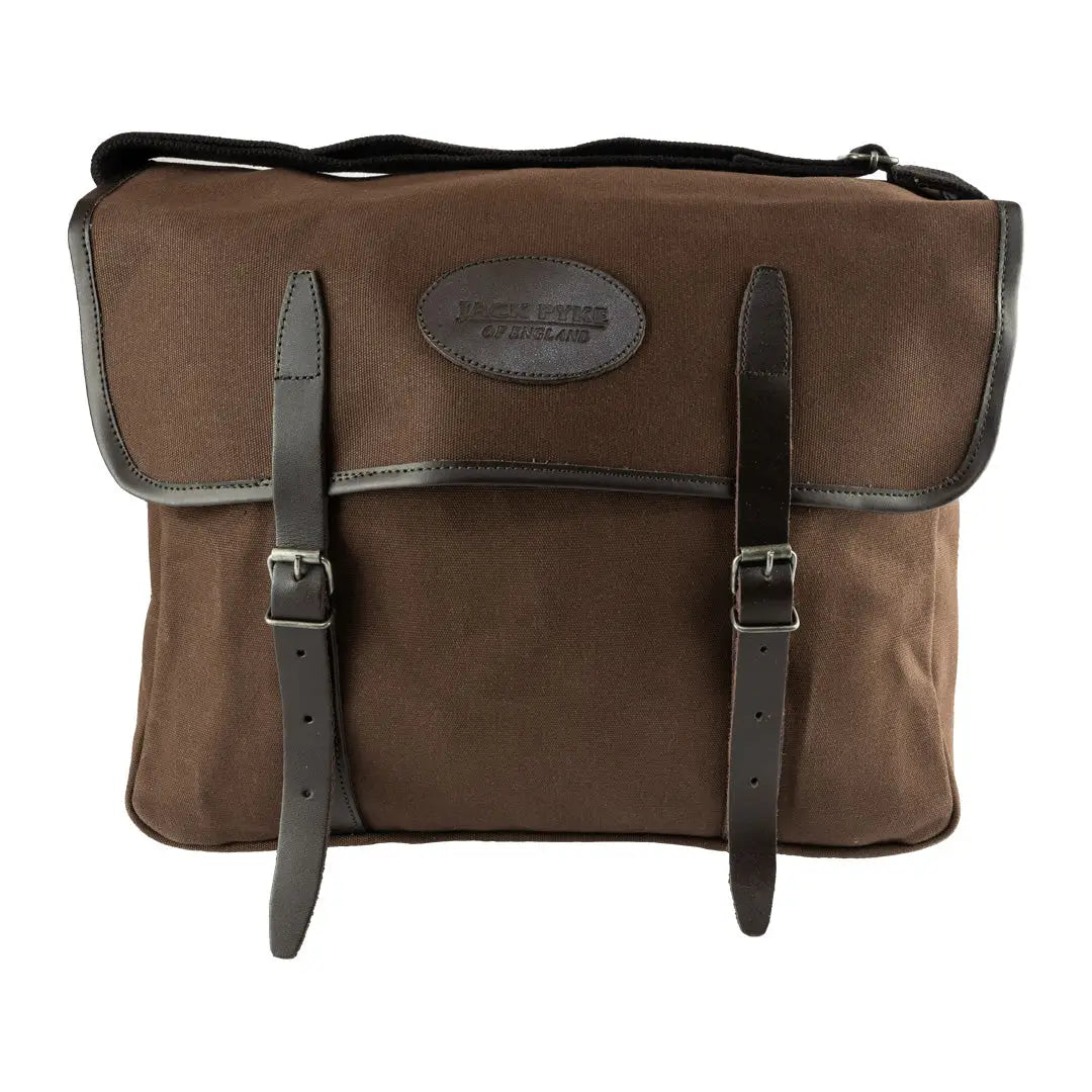 Brown leather messenger bag with buckles for the Jack Pyke Canvas Dog Bag