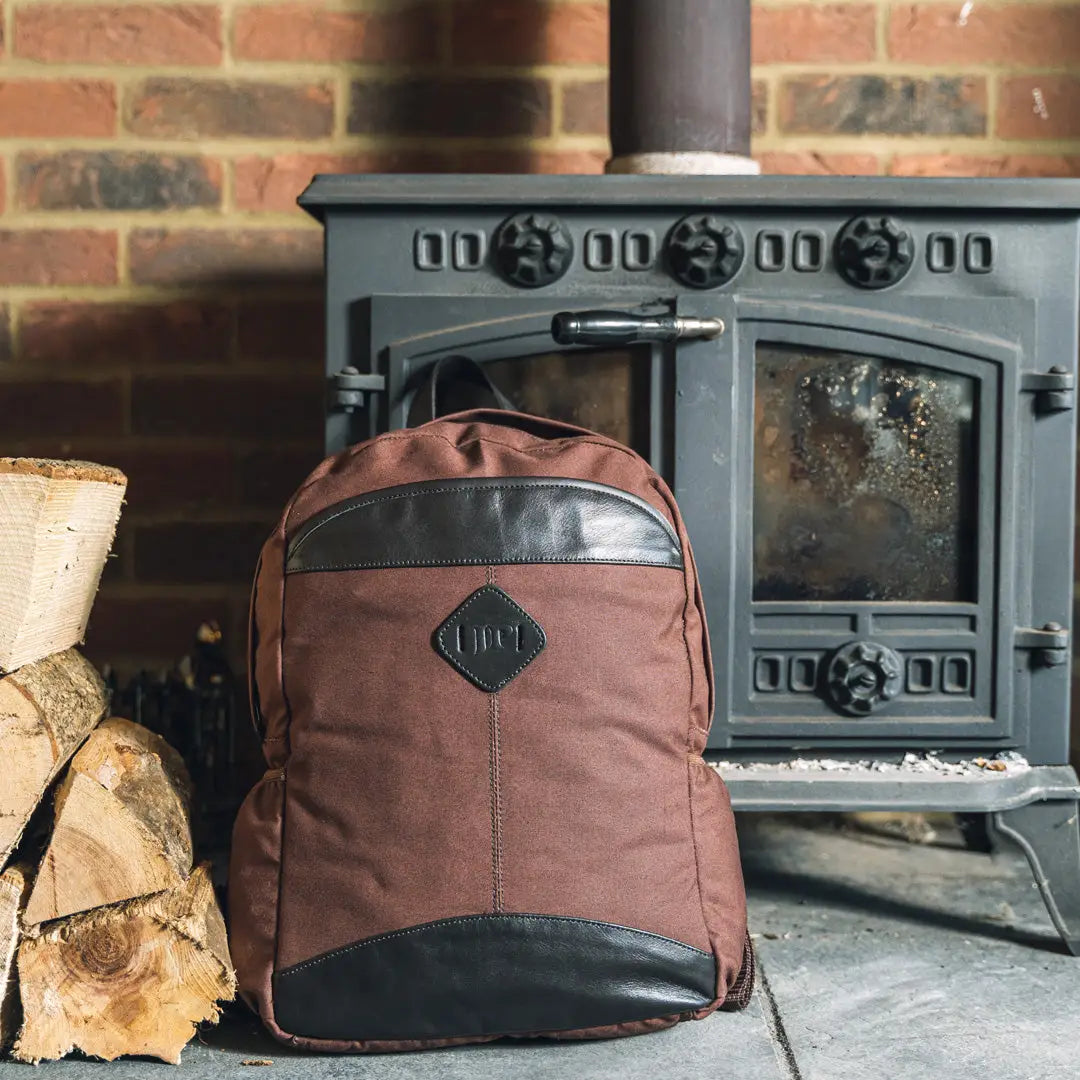 Brown and black Jack Pyke Canvas Field Pack with leather patch on the front