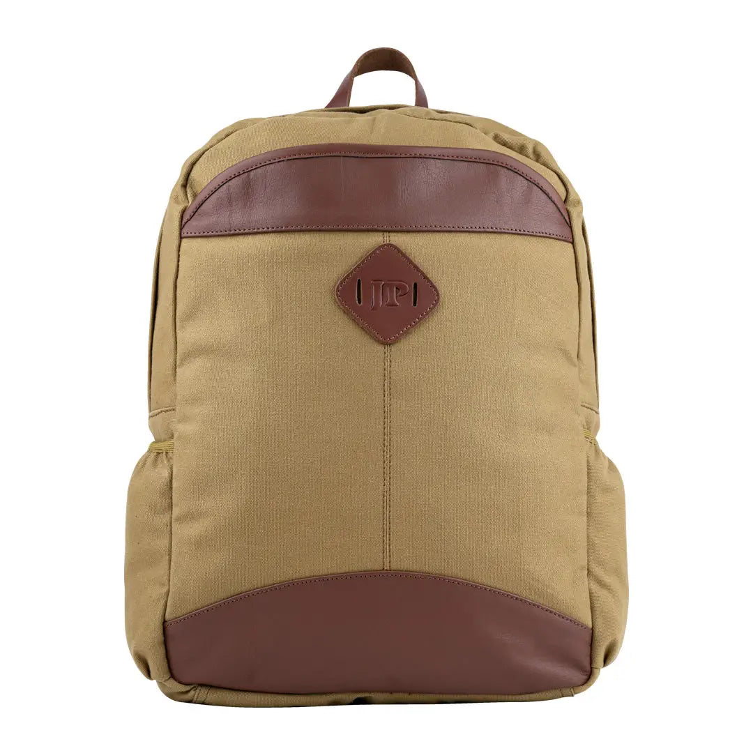 Tan Jack Pyke Canvas Field Pack backpack with brown leather accents and logo patch