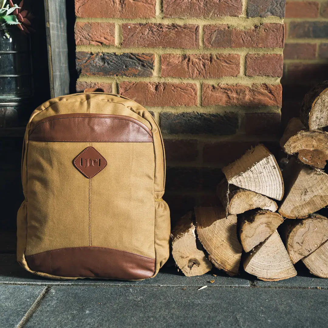 Tan and brown Jack Pyke Canvas Field Pack with stylish leather patch