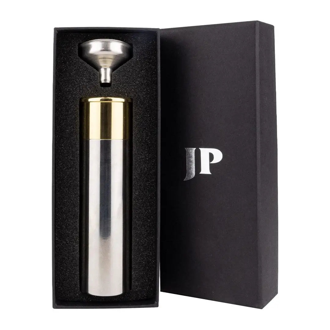 Sleek Jack Pyke stainless steel and gold pepper grinder in black box, perfect for shoot day