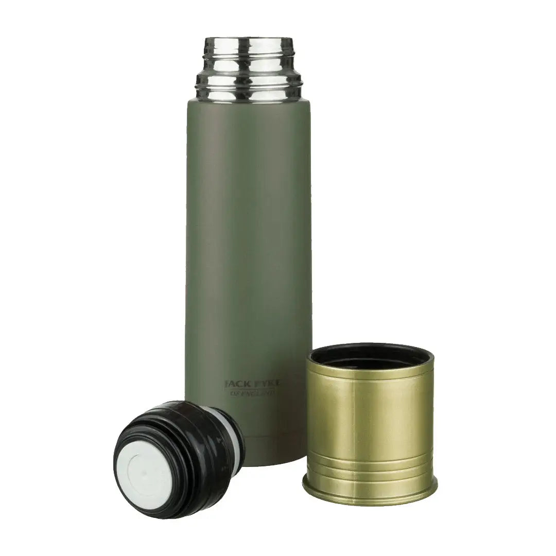 Matte green Jack Pyke Cartridge Flask with metallic cup and cap, perfect for outdoor adventures