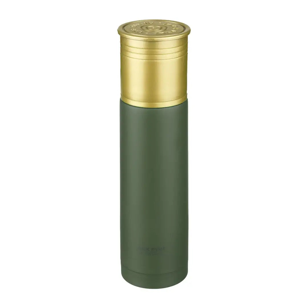 Jack Pyke Cartridge Flask with green body and gold cap, perfect for outdoor adventures