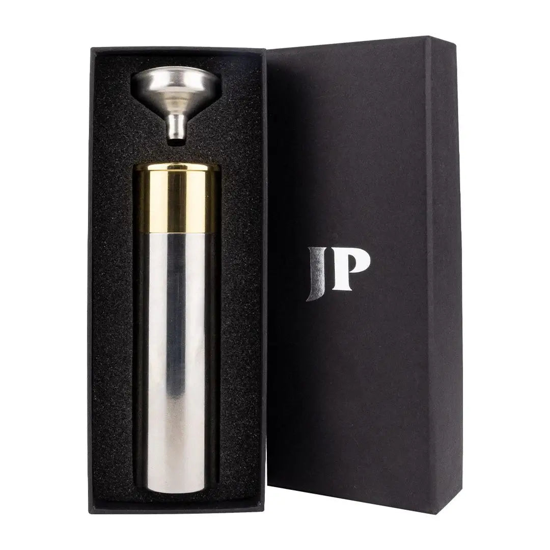 Sleek stainless steel and gold pepper grinder with packaging for Jack Pyke Cartridge Hip Flask