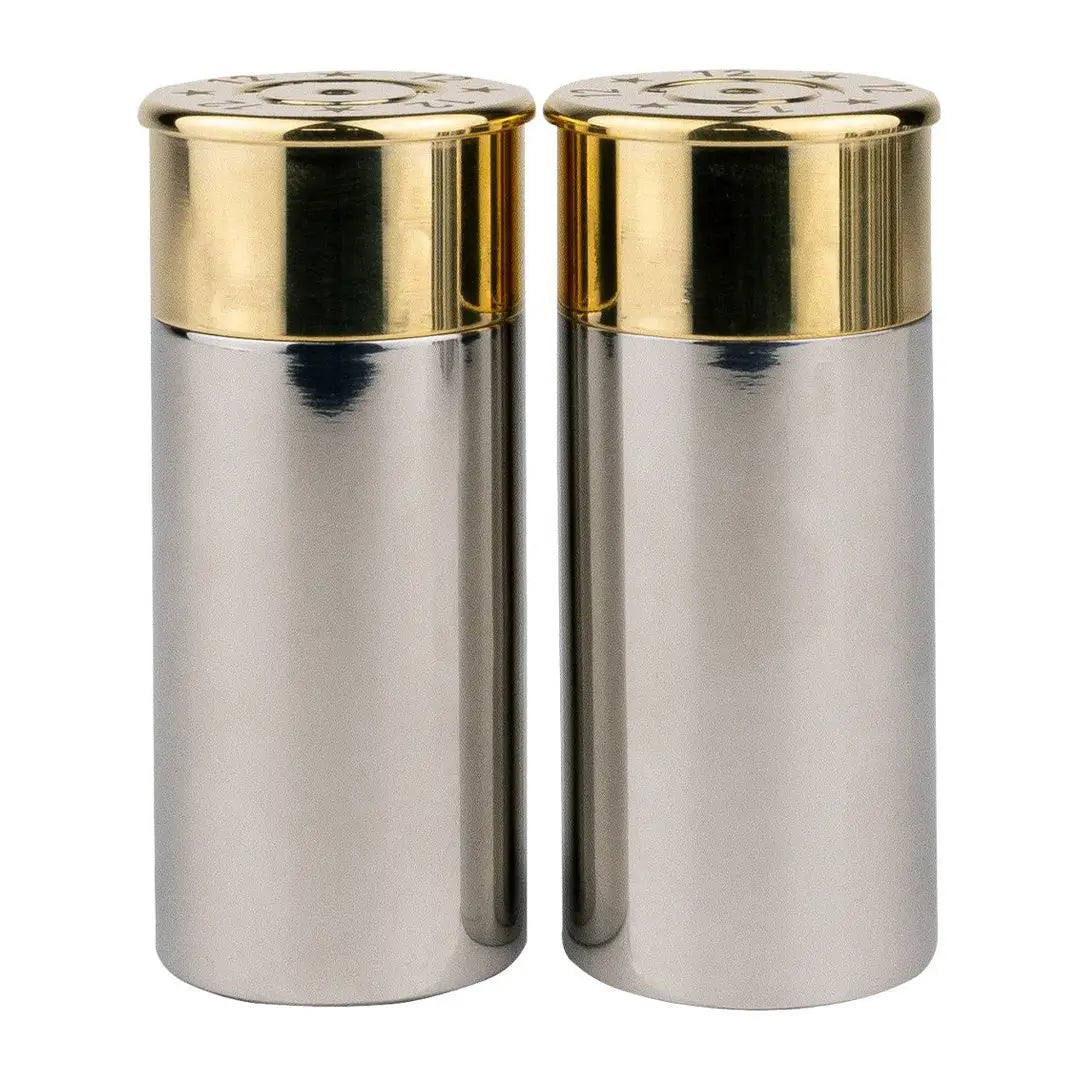 Salt and pepper shakers with gold tops and silver bodies from Jack Pyke Cartridge collection