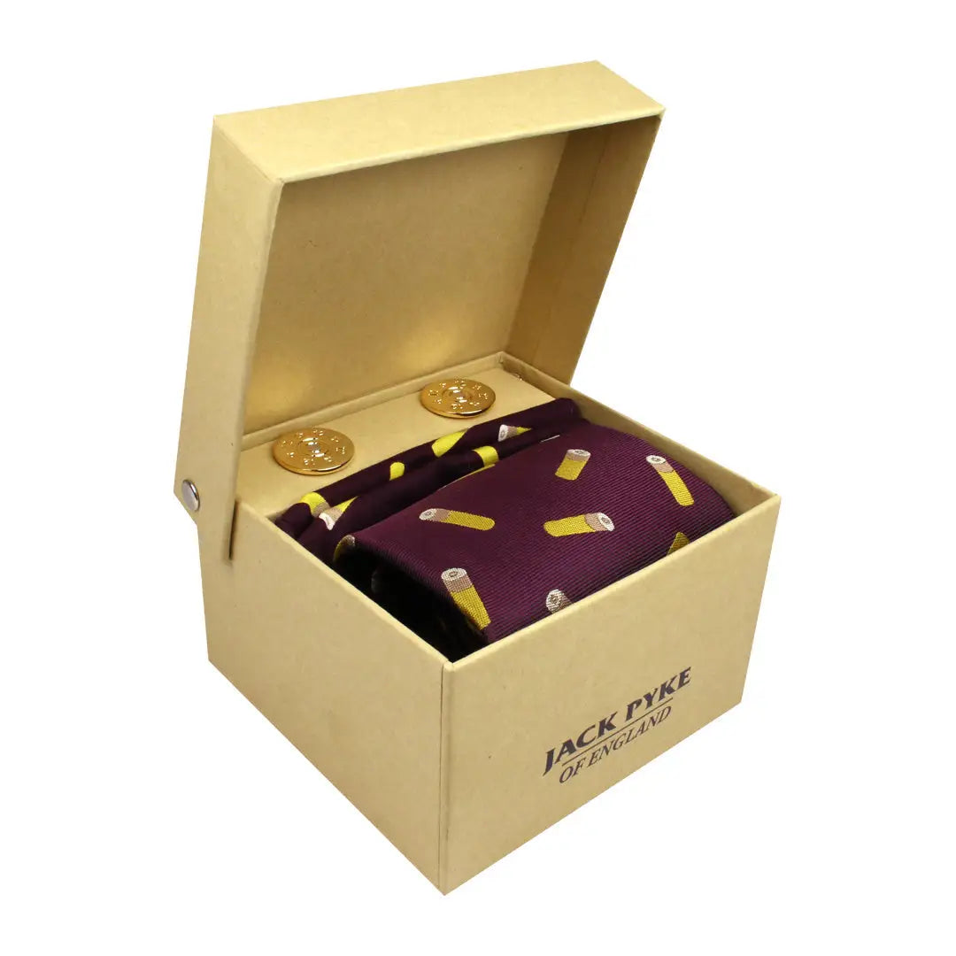 Gift box with Jack Pyke Cartridge Tie, purple tie, yellow patterns, and gold cufflinks