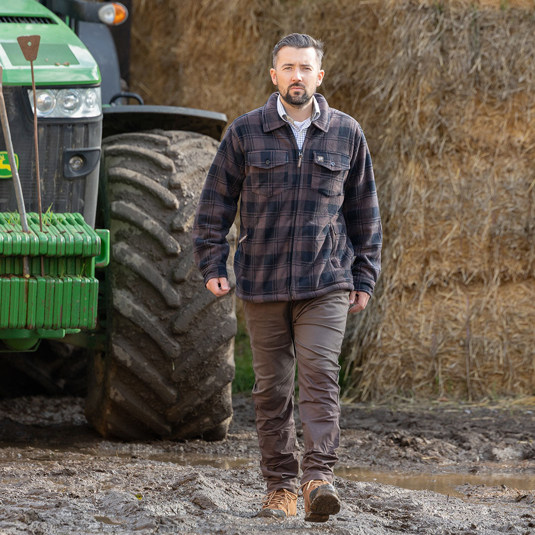 Plaid fleece jacket styled with Jack Pyke Cotton Stretch Trousers for a cozy look