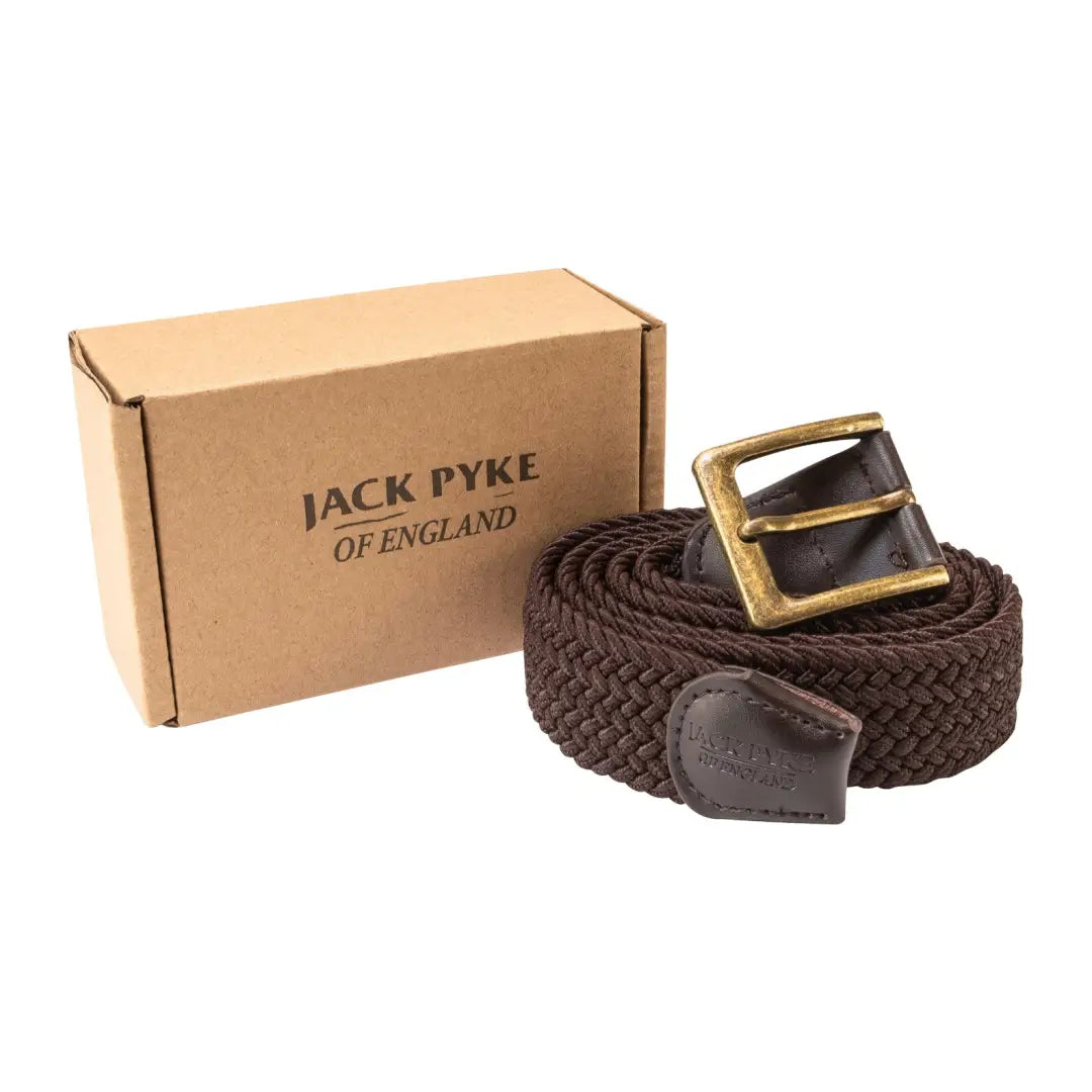 Brown woven elastic belt with brass buckle and Jack Pyke Countryman box