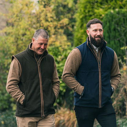 Two men in vests showcasing the Jack Pyke 300gsm fleece gilet in style