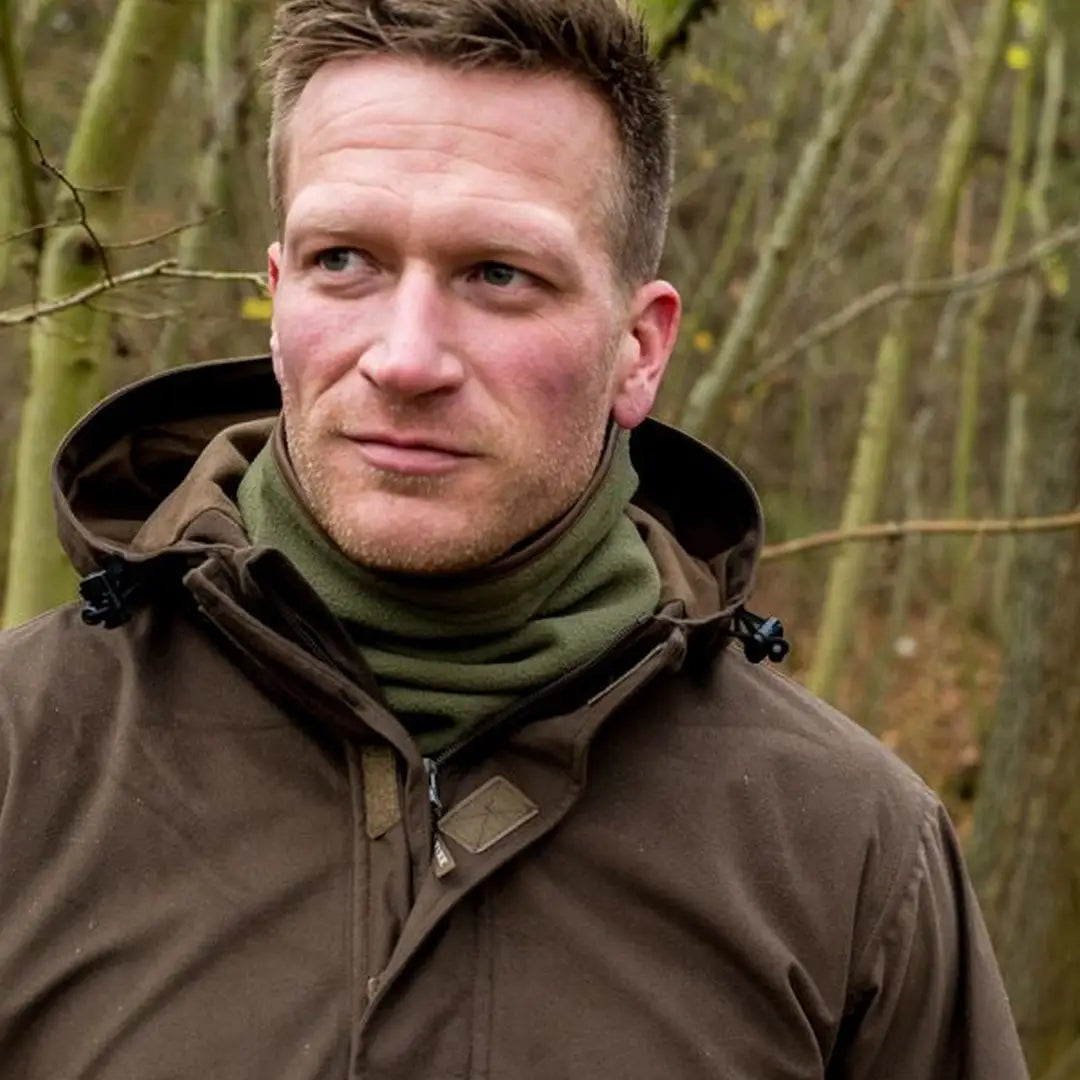 Man in brown jacket and green neck warmer showcasing Jack Pyke Countryman neck gaitor