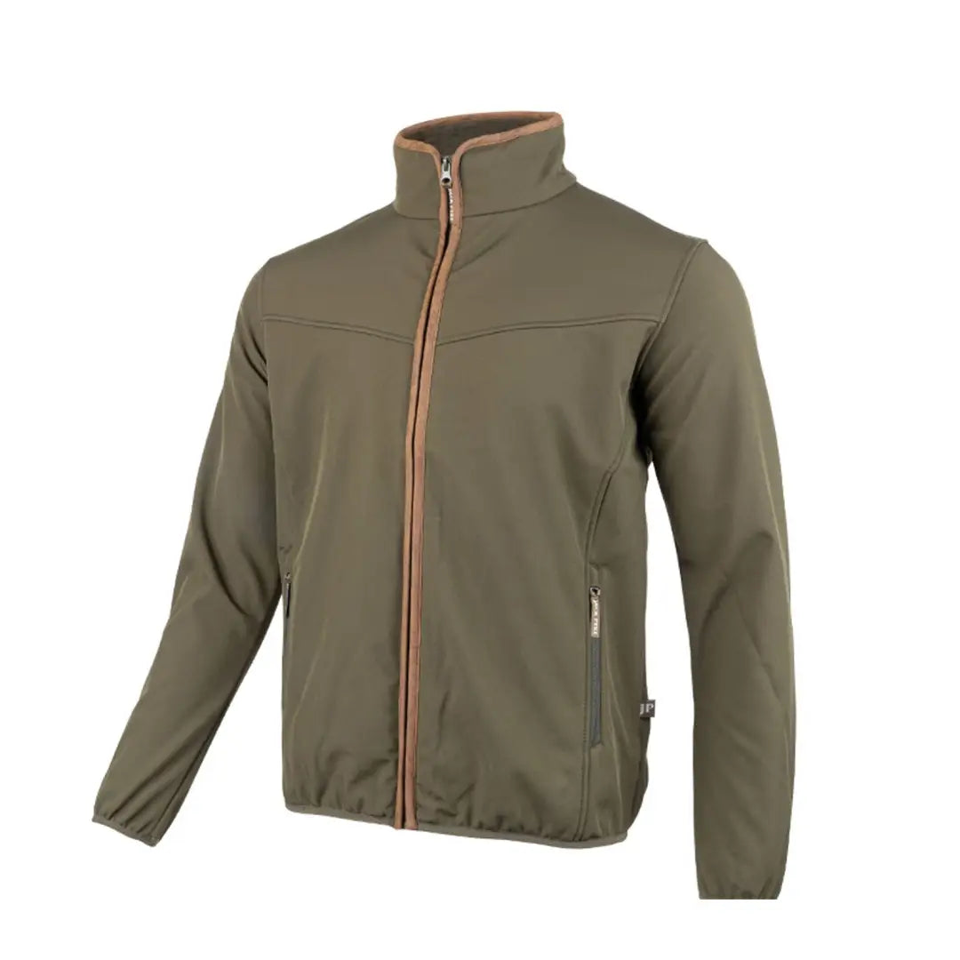 Olive green Jack Pyke County Softshell Jacket with orange zipper, perfect for hunting adventures