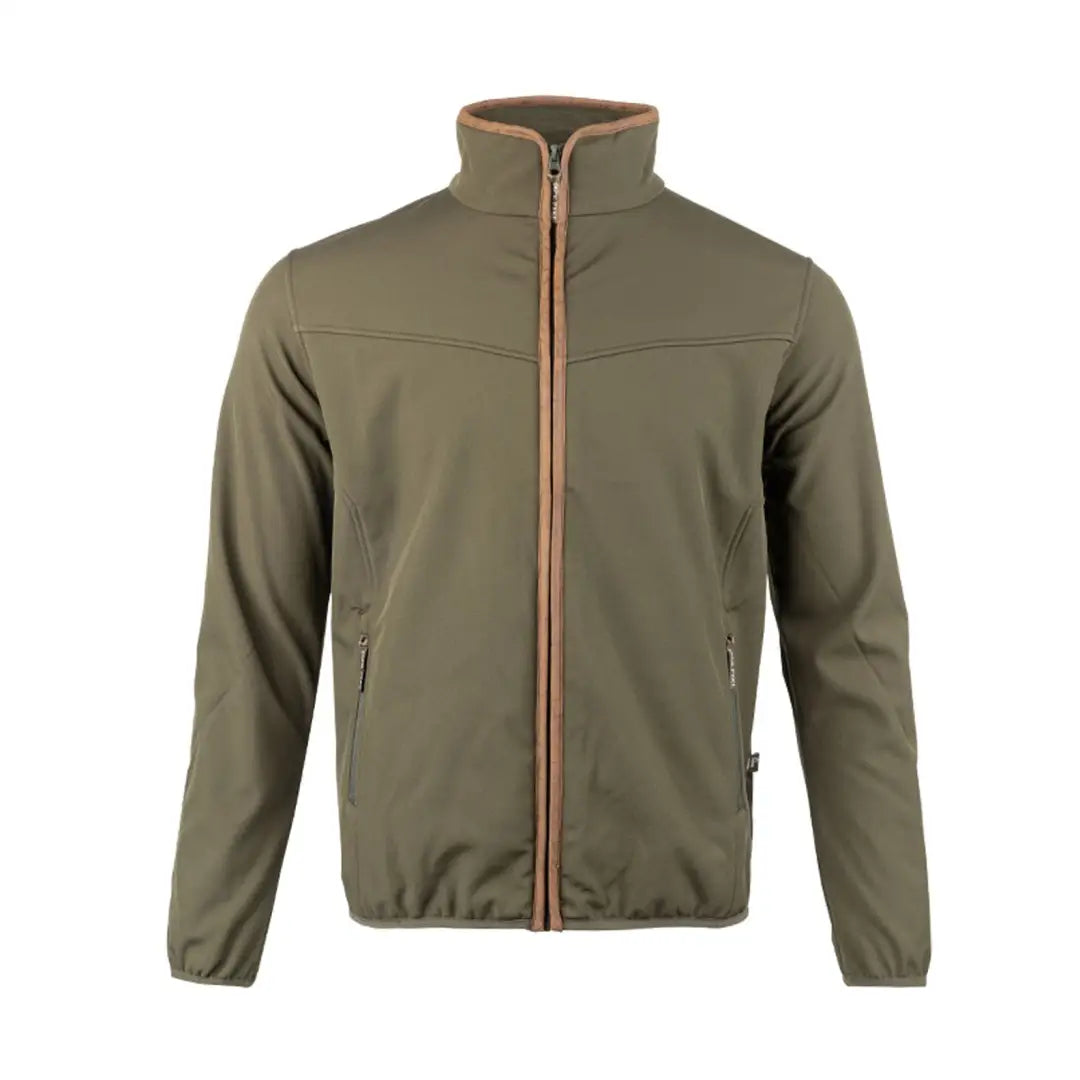 Olive green Jack Pyke County Softshell Jacket with orange zipper, perfect for hunting