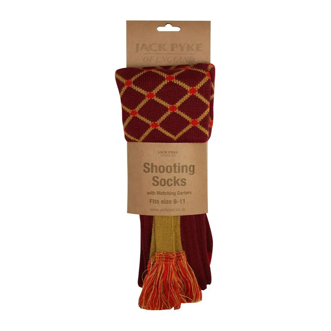 Burgundy and gold patterned Jack Pyke Diamond Shooting Socks with tassels for style