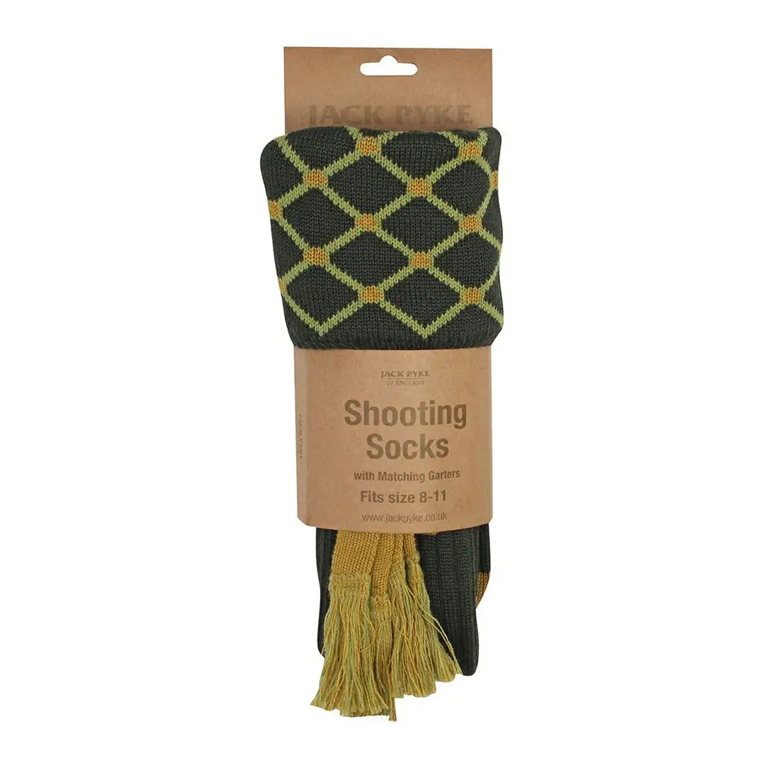 Stylish Jack Pyke Diamond Shooting Socks in green and yellow with cool tassels