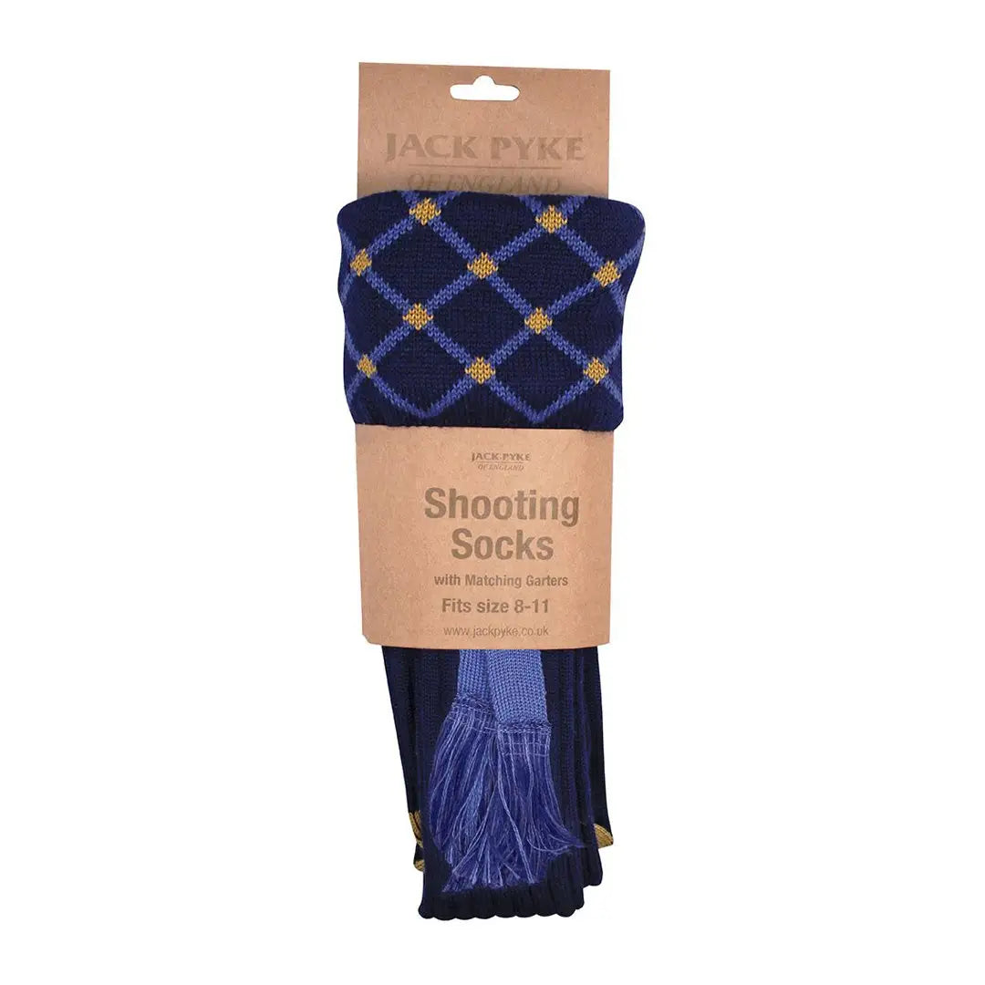 Navy Blue Jack Pyke Diamond Shooting Socks with diamond pattern and tassels