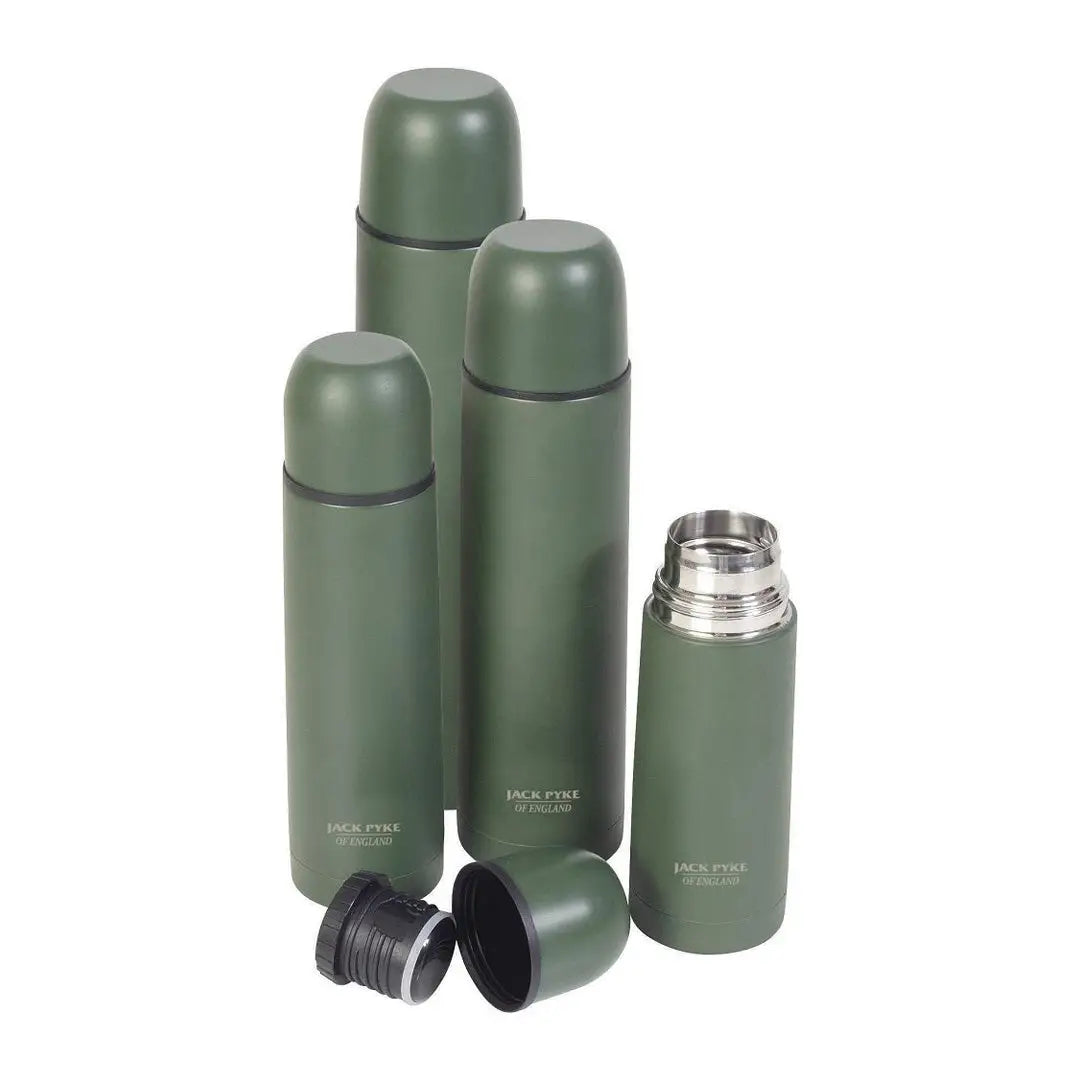 Set of green Jack Pyke Drinking Flasks, perfect for keeping drinks hot or cold