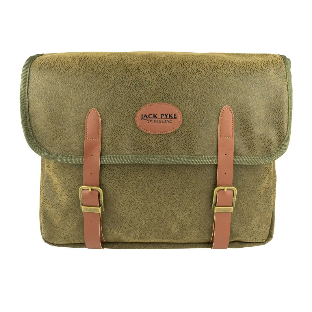 Olive green Jack Pyke Duotex dog bag with brown leather straps and buckles