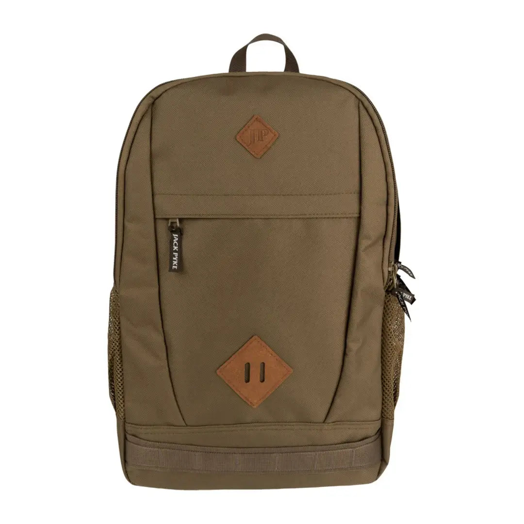 Olive green Jack Pyke Falcon Rucksack with brown leather accents and compartments