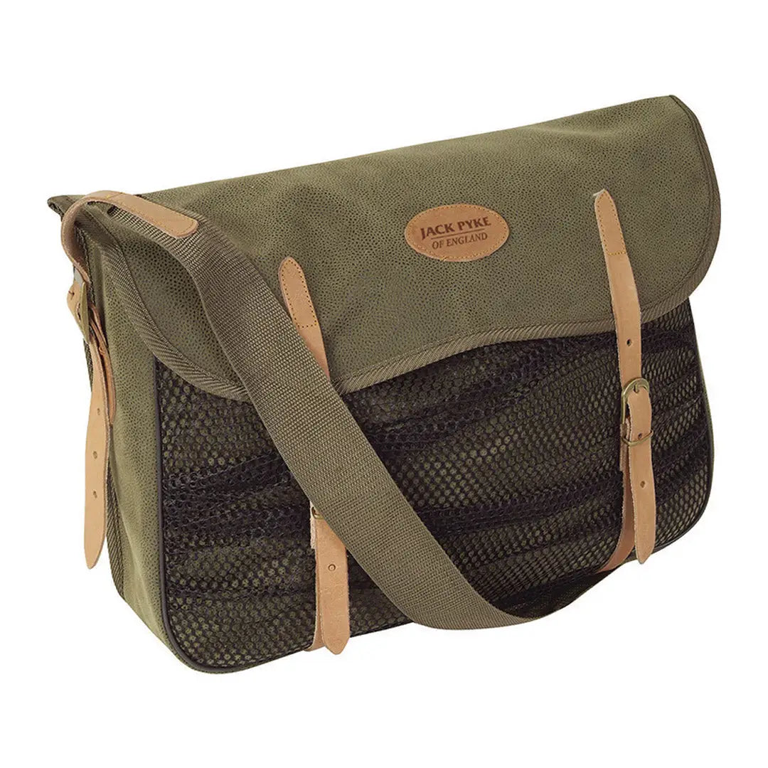 Canvas and leather Jack Pyke Game Bag with mesh pockets for fishing or hunting