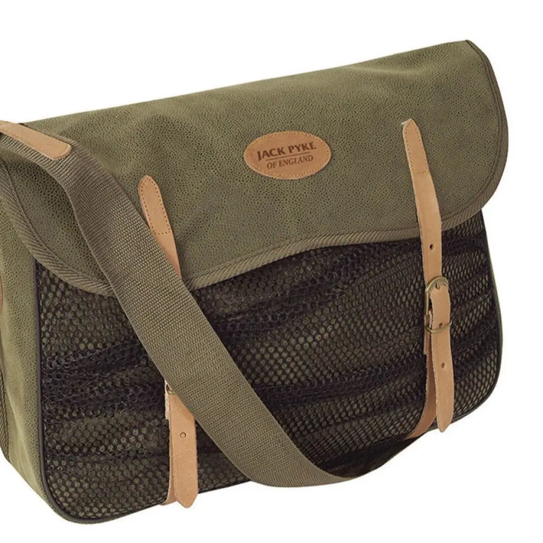 Olive green Jack Pyke Game Bag Duotex with leather straps and mesh for outdoor gear