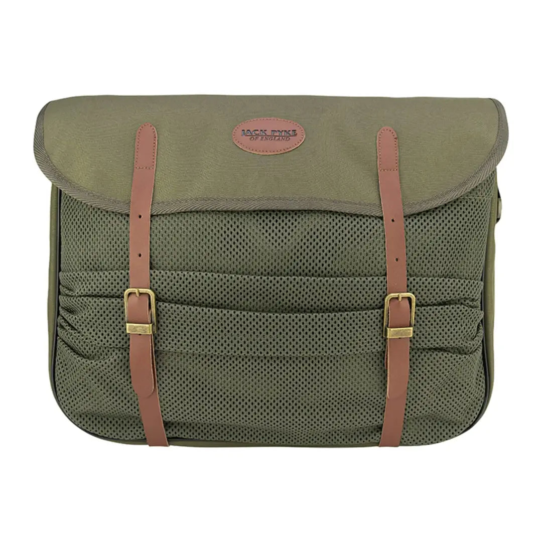 Olive green Jack Pyke Game Bag with leather straps and mesh front pocket