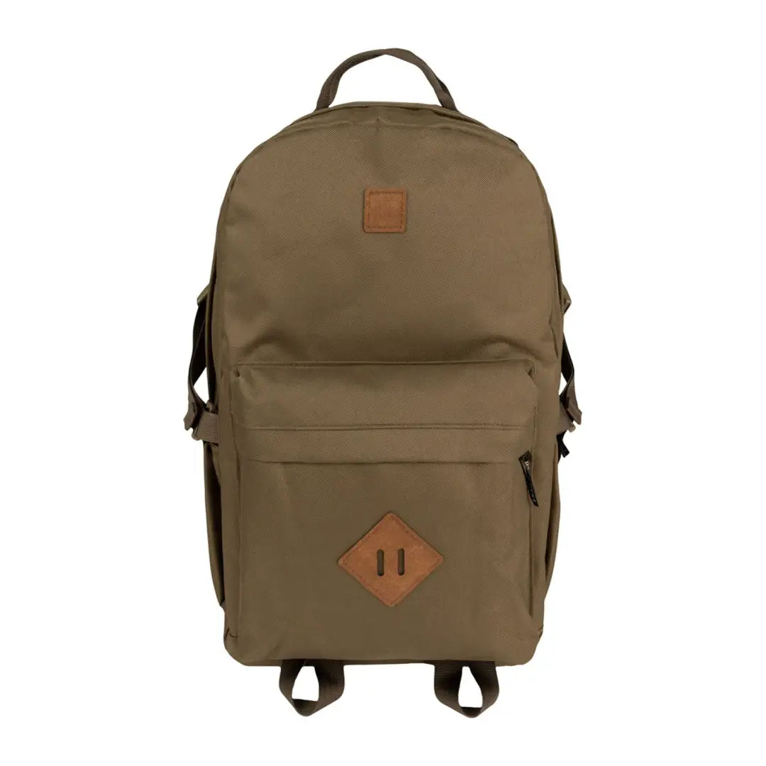 Olive green Jack Pyke Harrier Rucksack with brown leather accents and multiple pockets