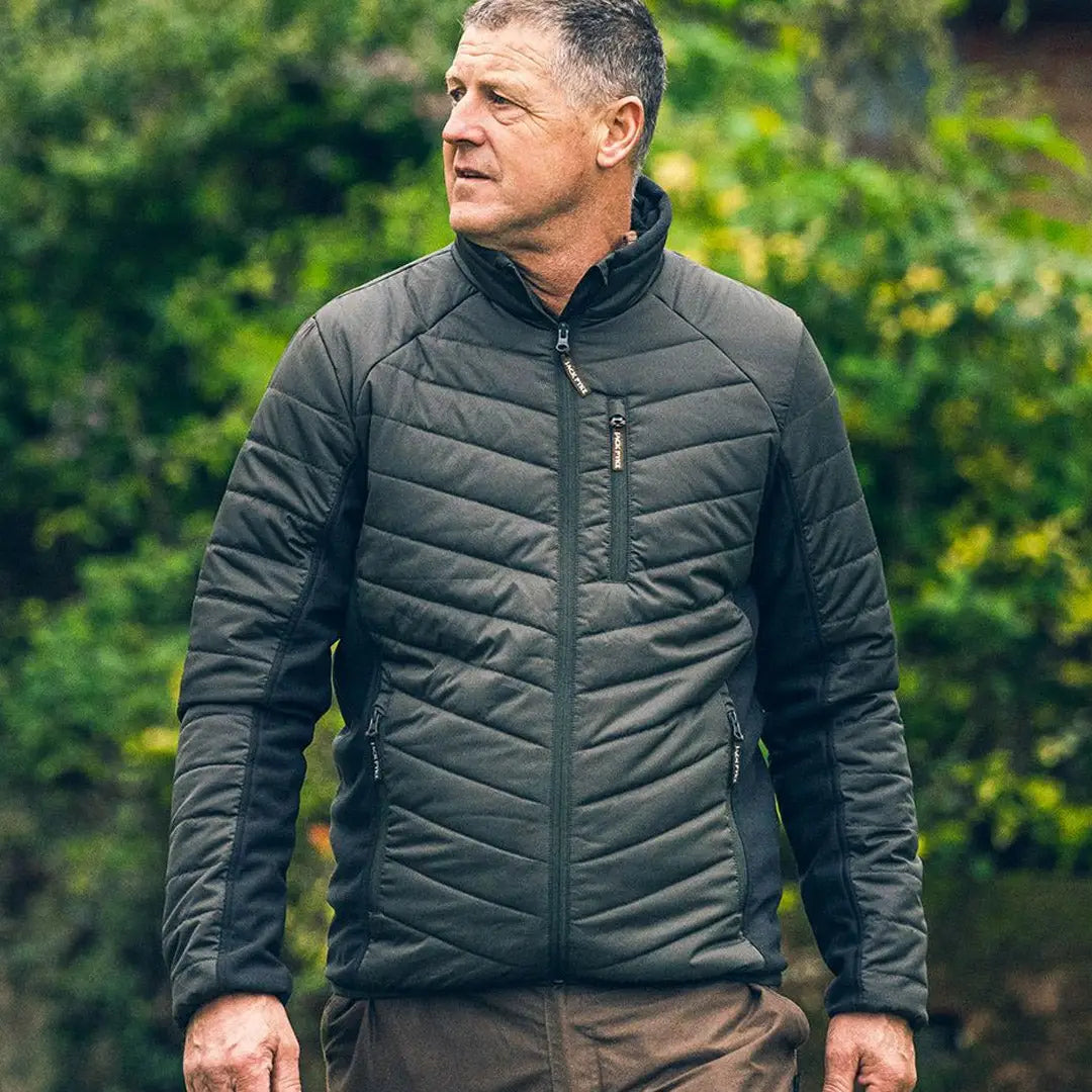 Jack Pyke Hybrid Quilted Jacket in gray and black with high collar and zippered pockets