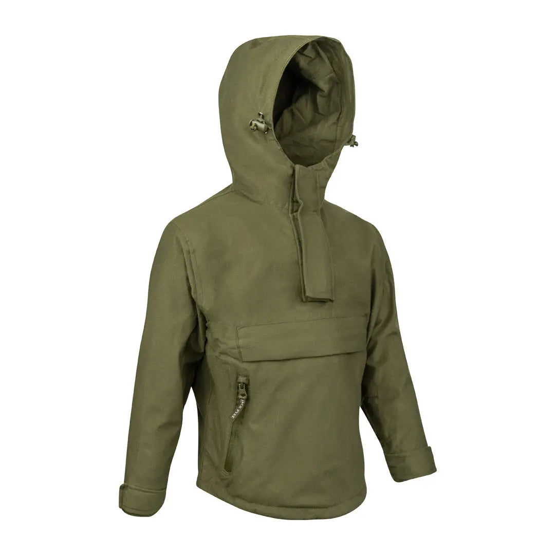 Olive green Junior Galbraith Smock with hood, front pocket, and half-zip closure