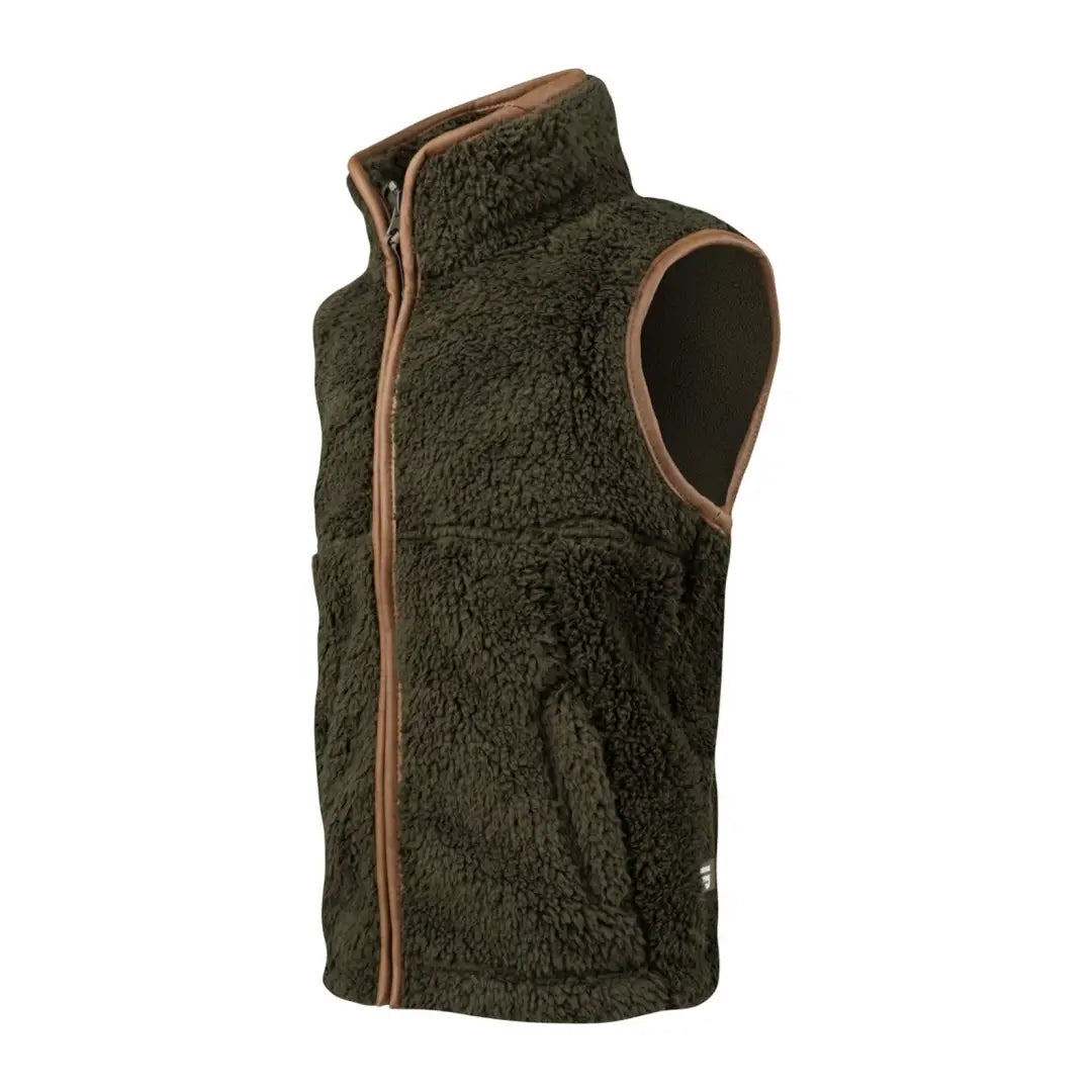 Dark green Jack Pyke Junior Sherpa Fleece Gilet with brown trim and zipper closure