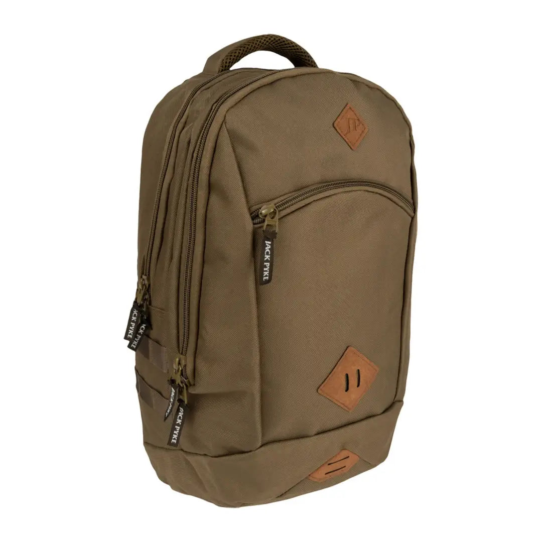 Olive green Jack Pyke Kestrel Rucksack with leather accents and multiple compartments