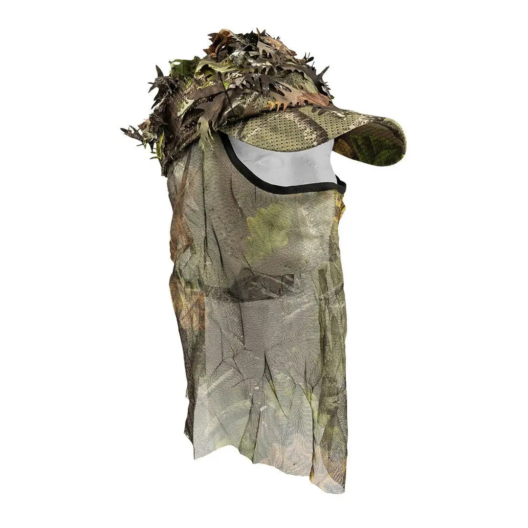 Camouflage Jack Pyke LLCS cap with leafy attachments and face veil for hunting