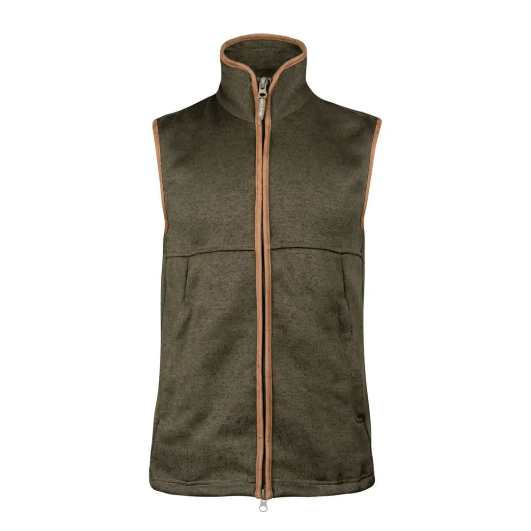 Olive green Jack Pyke Melange fleece gilet with brown trim and full-length zipper