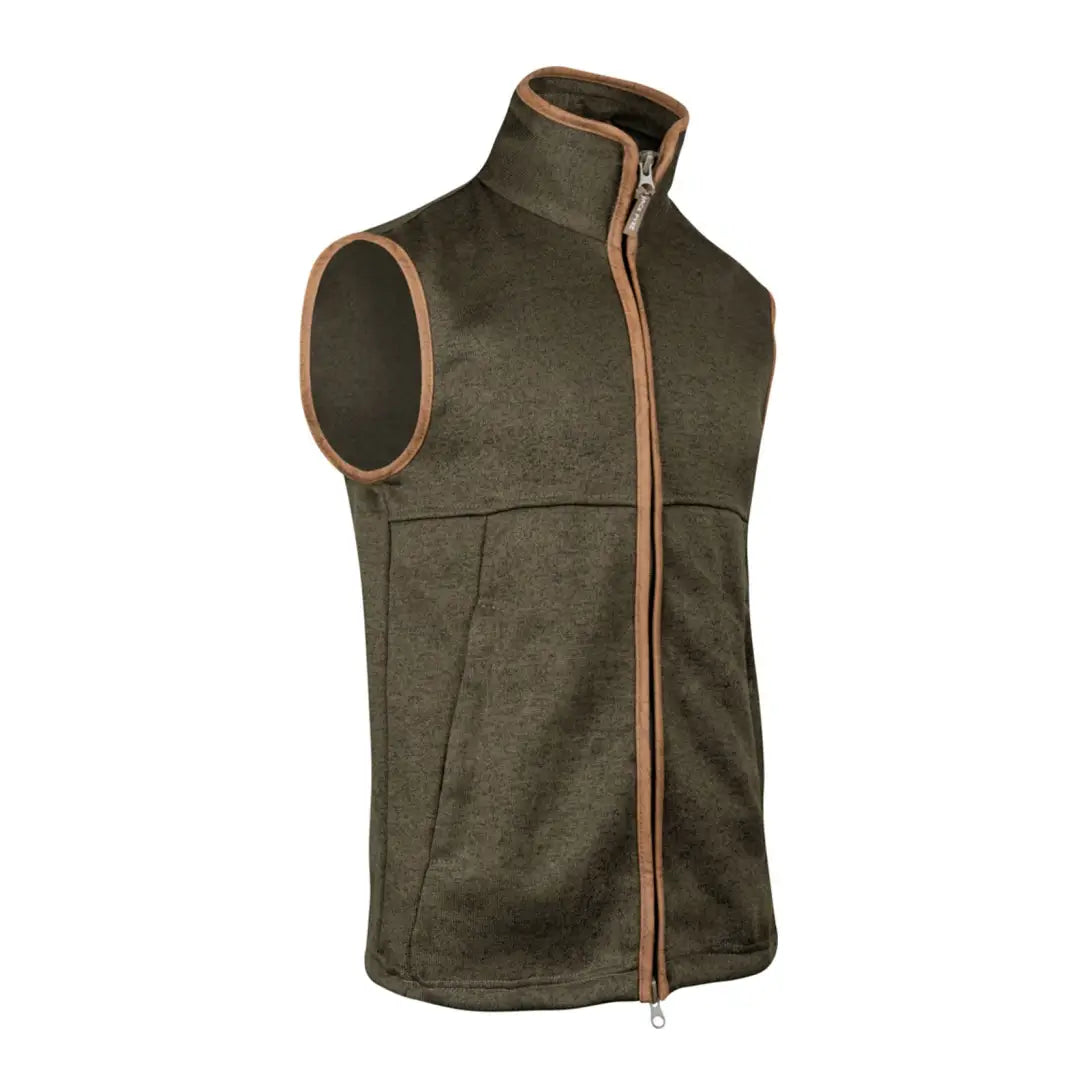 Olive green Jack Pyke Melange fleece gilet with brown trim and full zipper