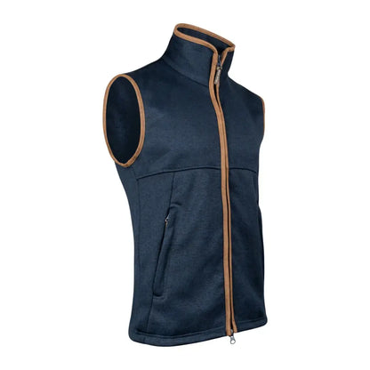 Navy blue sleeveless Jack Pyke Melange Fleece Gilet with a brown trim and zipper