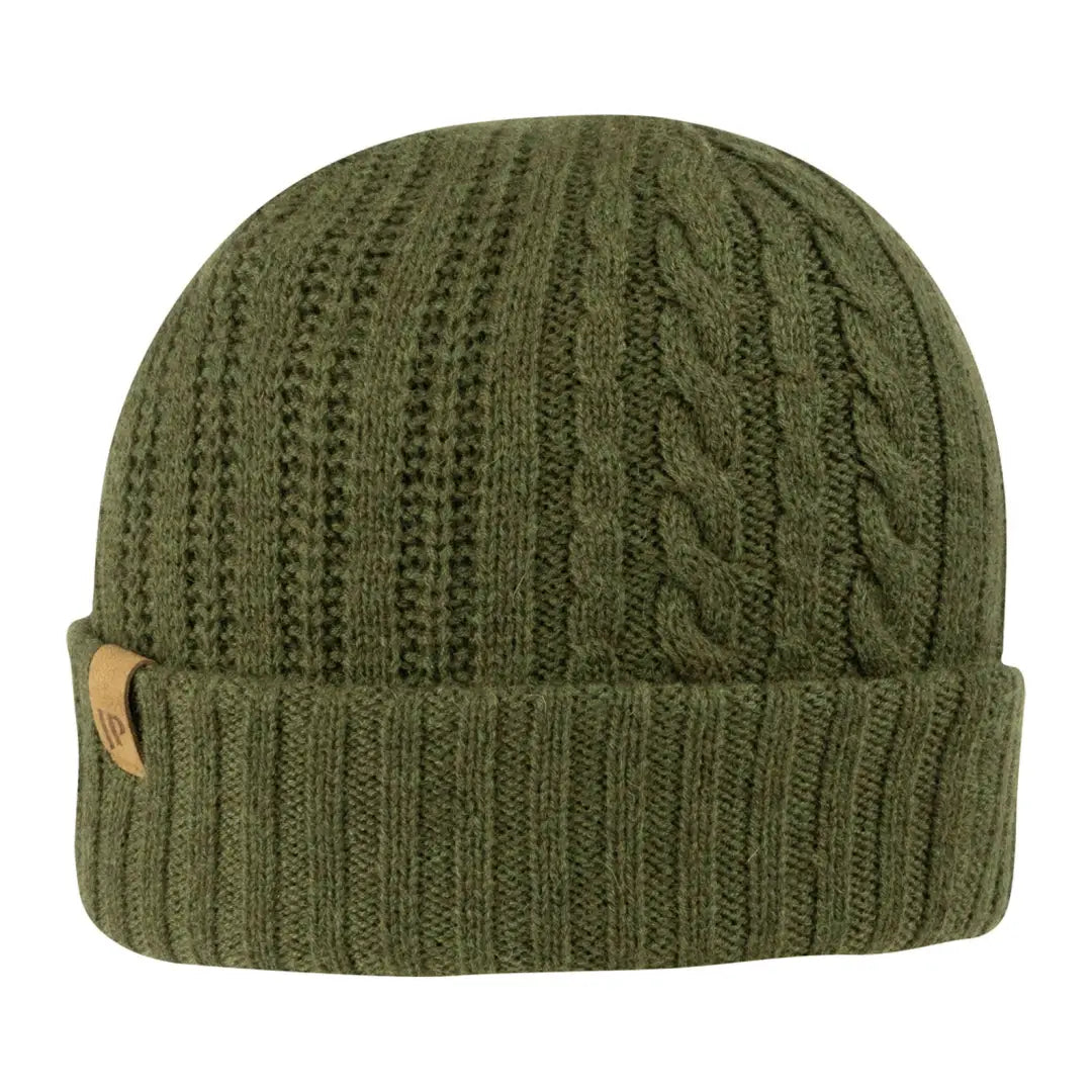 Olive green Jack Pyke Merino Wool Beanie with cable patterns and folded brim