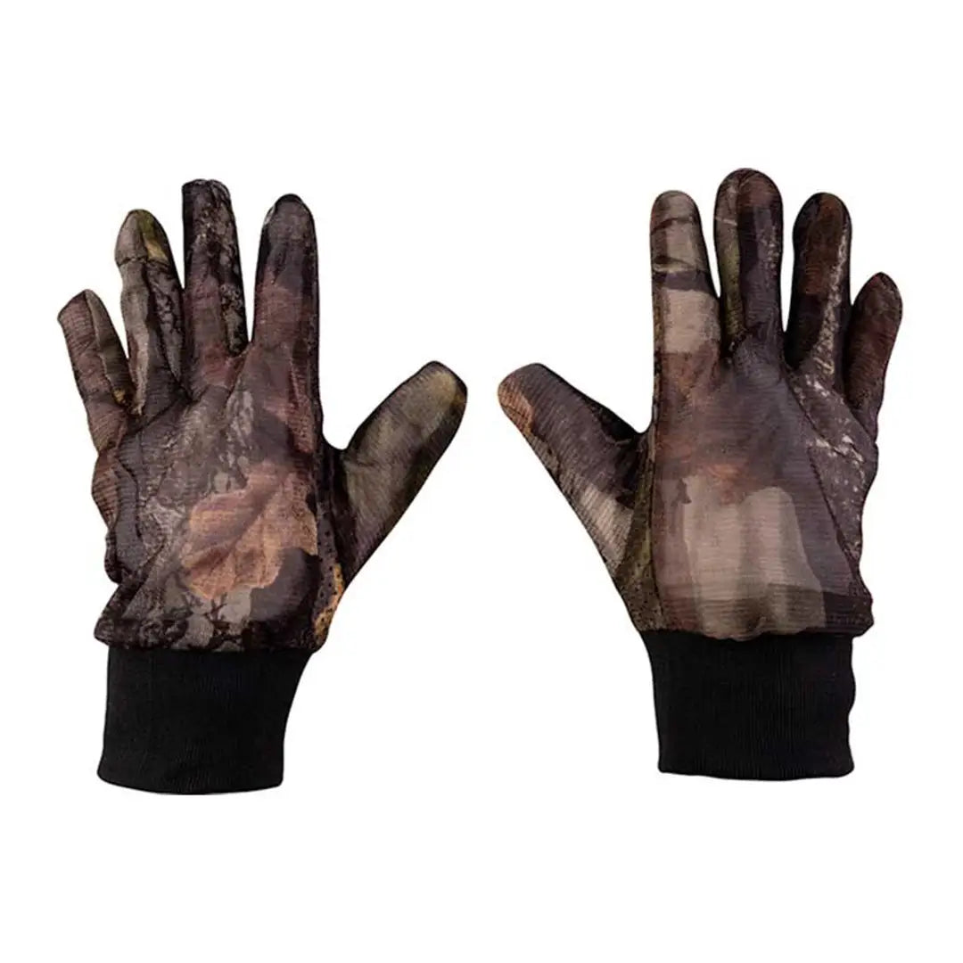 Worn camouflage gloves with black elastic wristbands from Jack Pyke Mesh Gloves