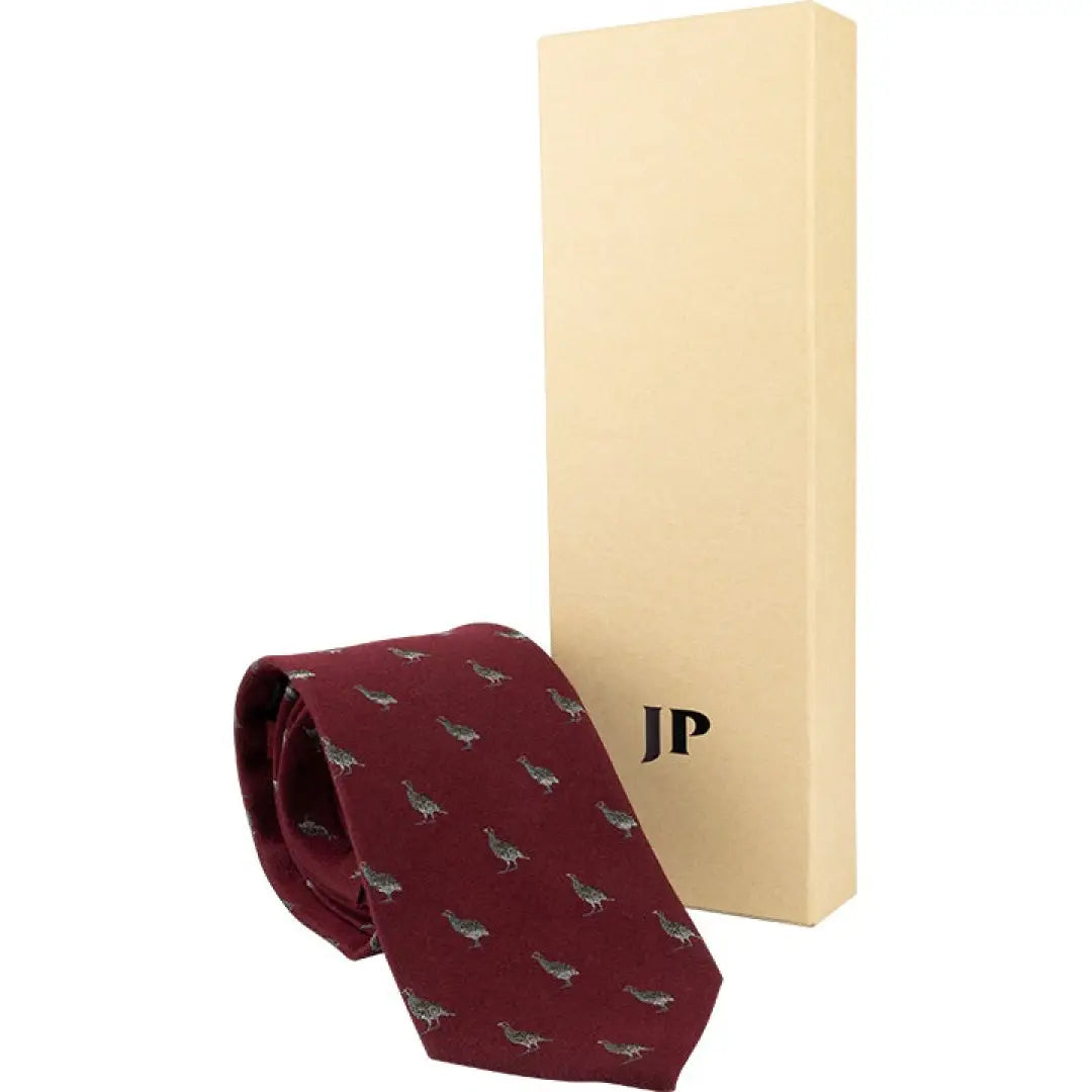 Burgundy Partridge Silk Tie with gray bird pattern, perfect for any stylish outfit