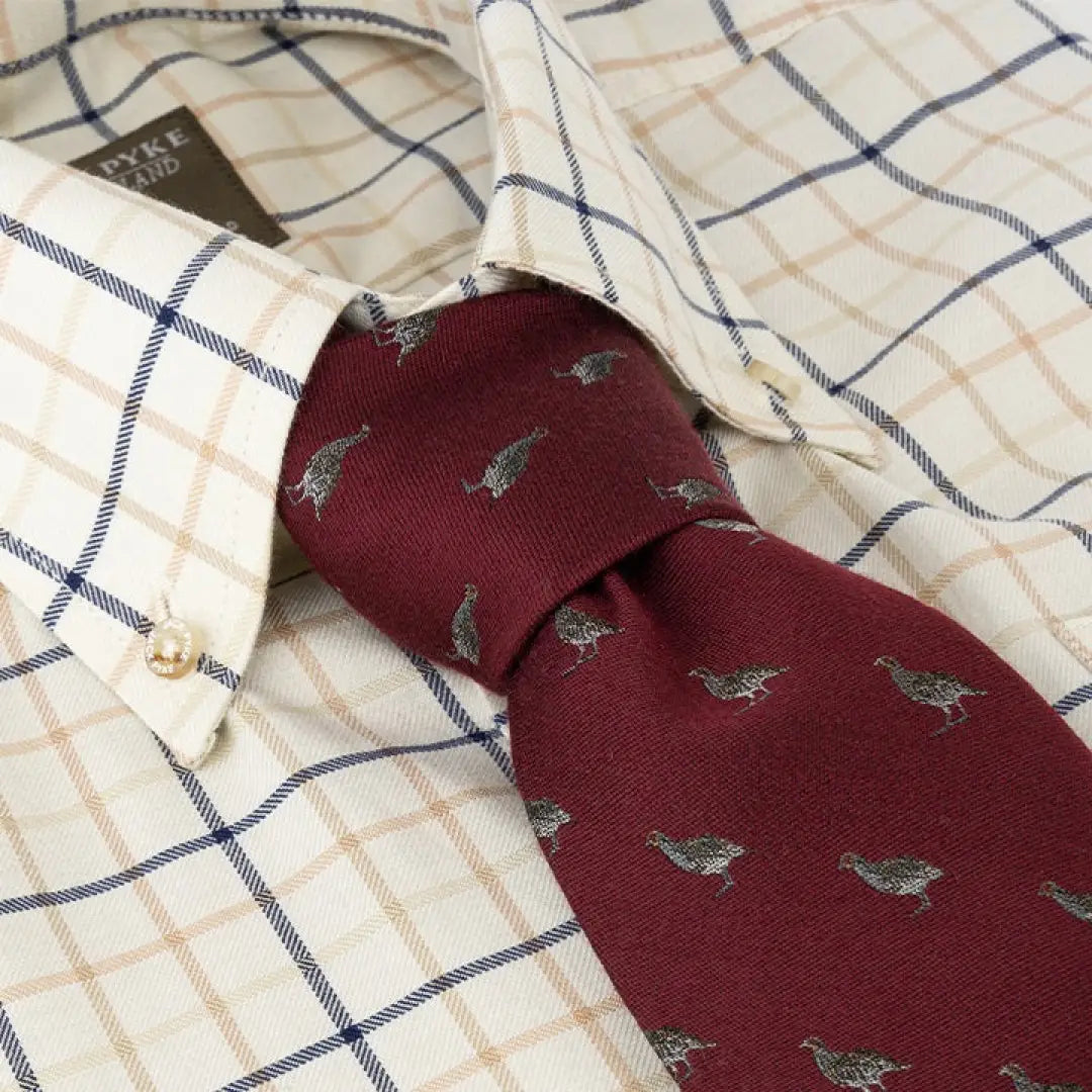 Burgundy partridge silk tie with gray bird pattern for stylish occasions