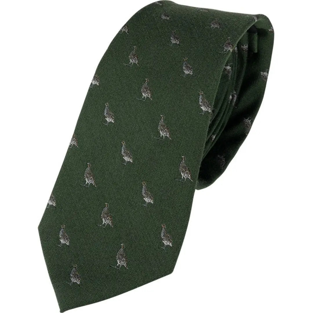 Dark green partridge silk tie featuring small gray pheasants pattern