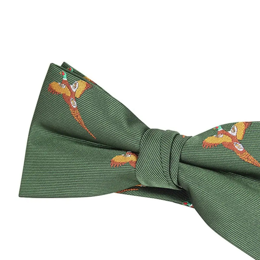 Green bow tie with pheasant pattern from Jack Pyke, ready tied for easy wear