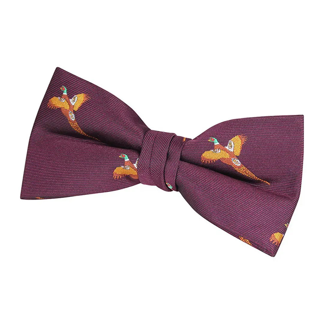 Burgundy bow tie with embroidered pheasant designs from Jack Pyke Pheasant collection